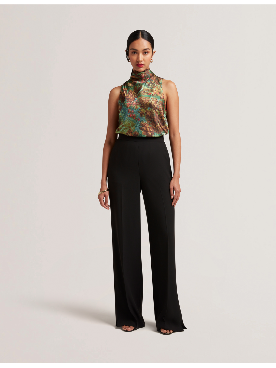 Printed Satin High Neck Sleeveless Top