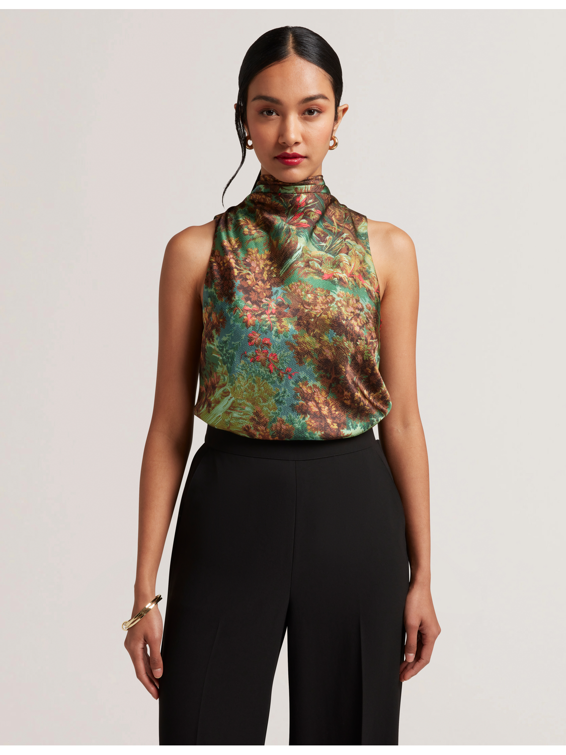 Printed Satin High Neck Sleeveless Top