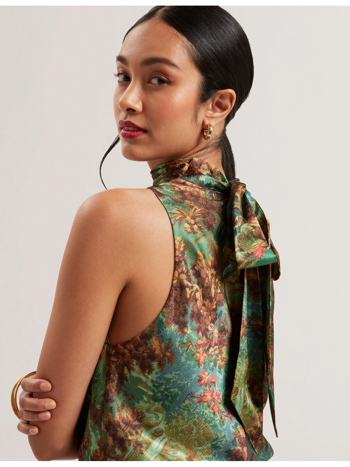 Printed Satin High Neck Sleeveless Top