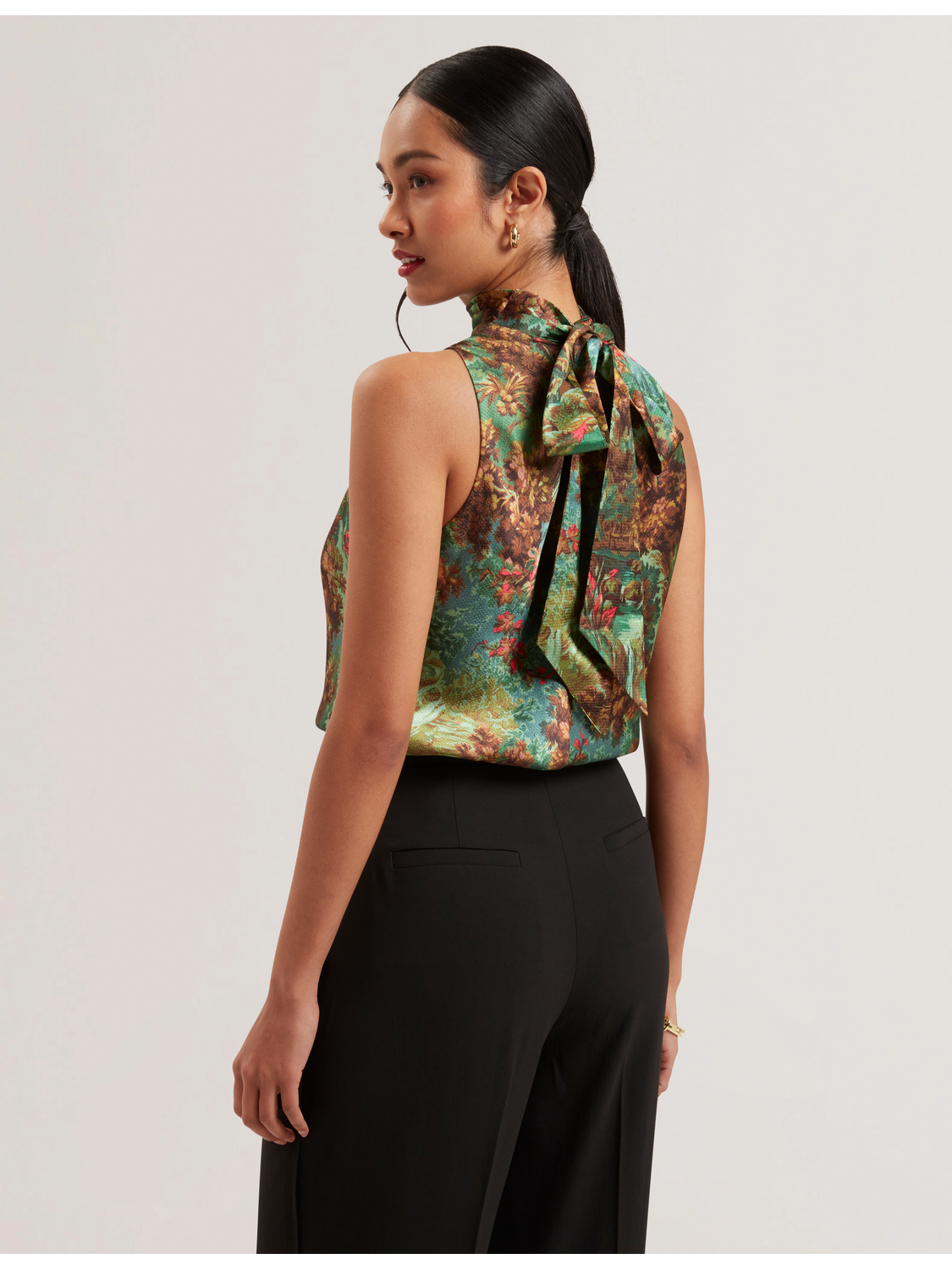 Printed Satin High Neck Sleeveless Top