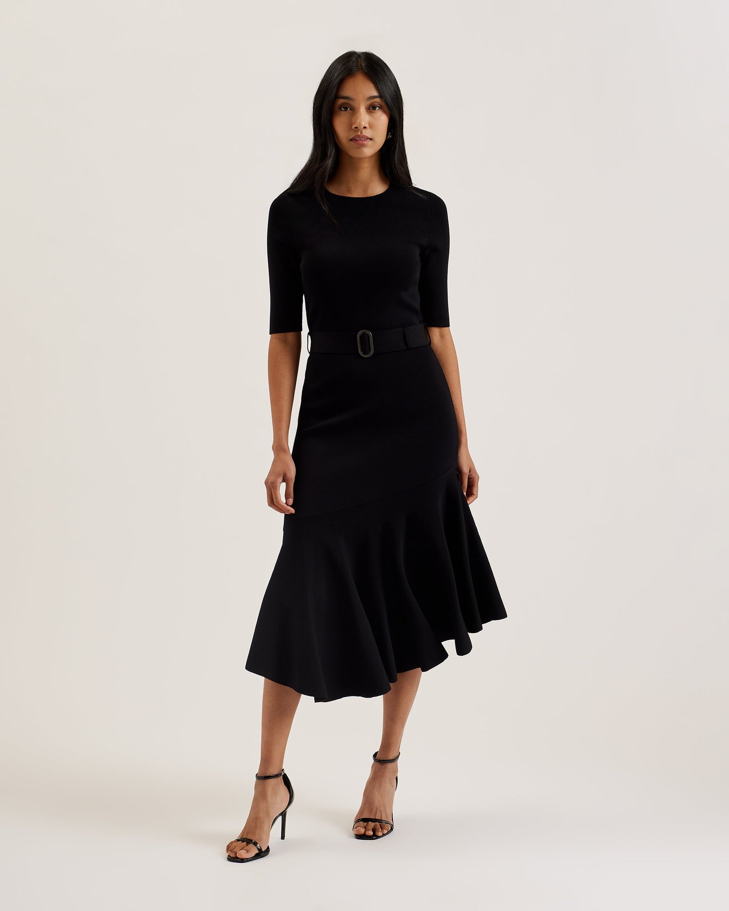 Flippy Hem Knitted Midi Dress With Belt