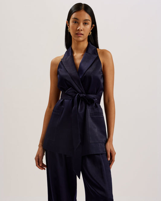 Tailored Satin Longline Vest with Belt