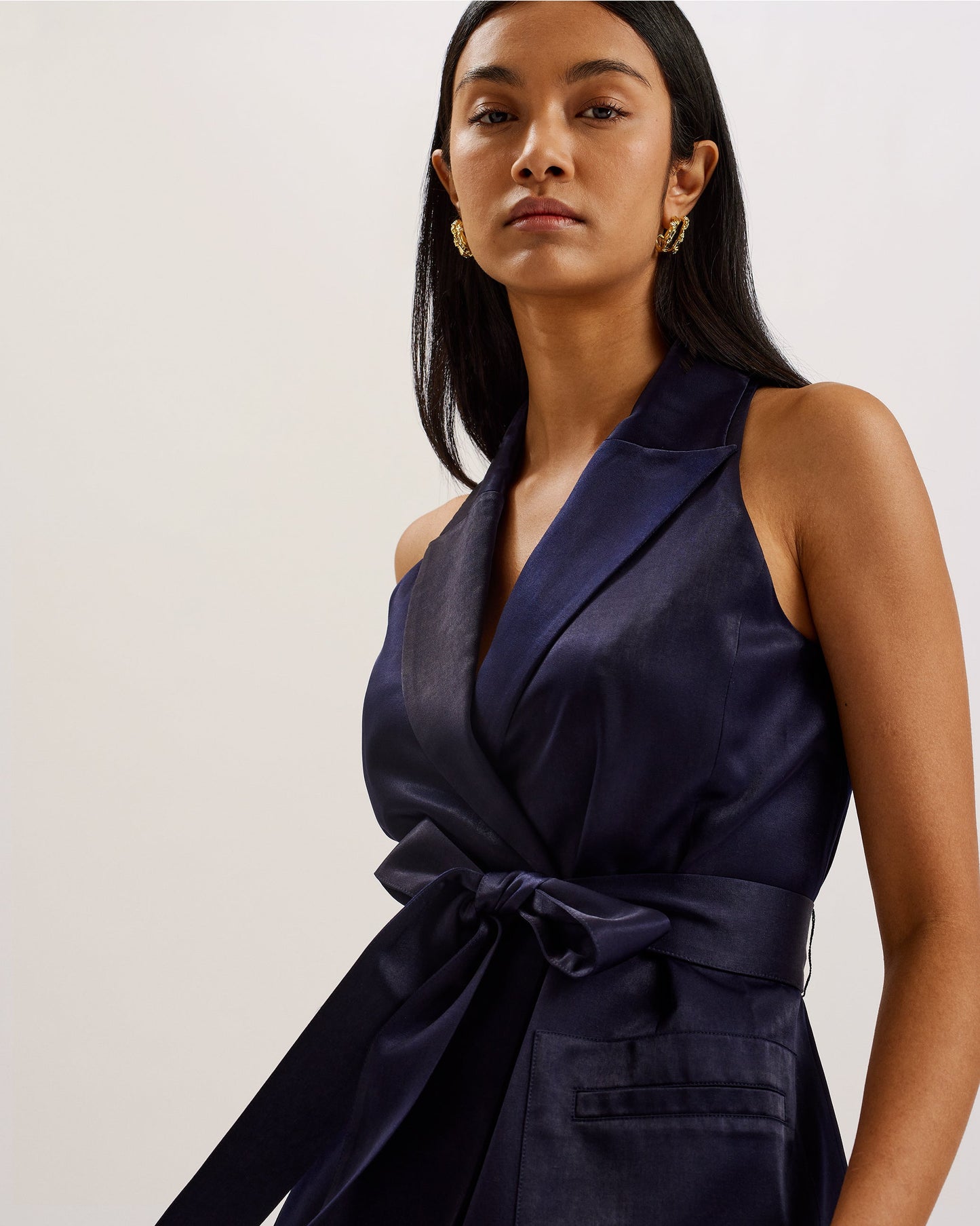 Tailored Satin Longline Vest with Belt