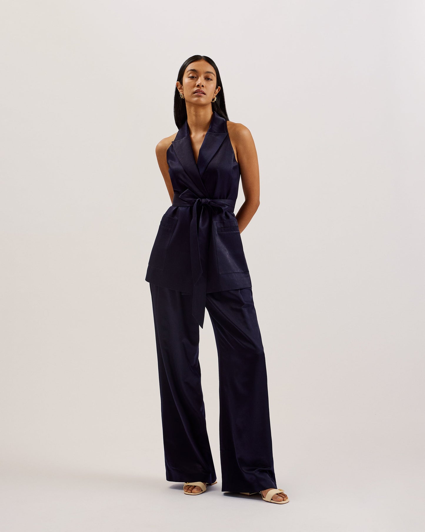 Tailored Satin Longline Vest with Belt