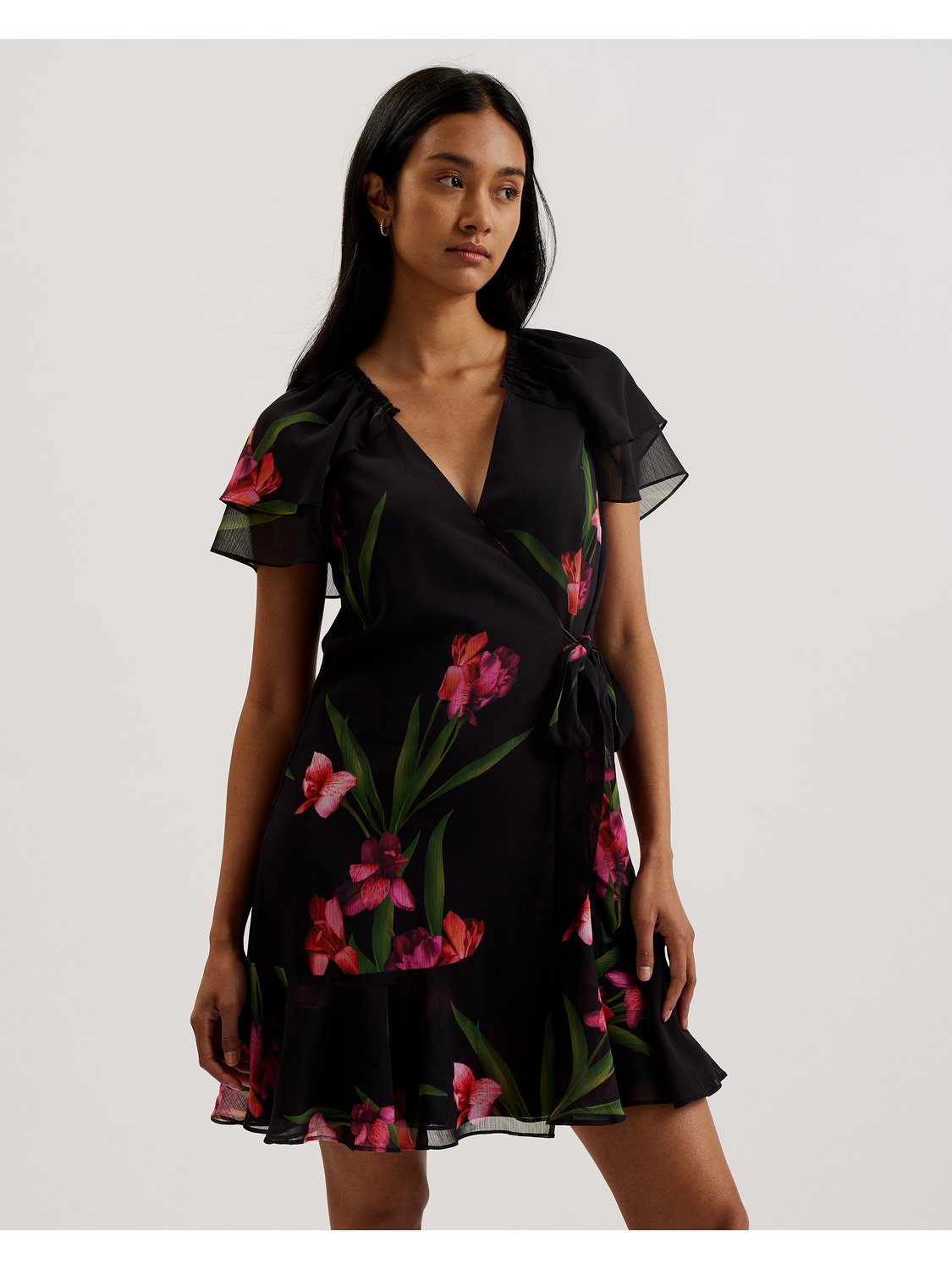 Floral Angel Sleeve Wrap Mini Dress