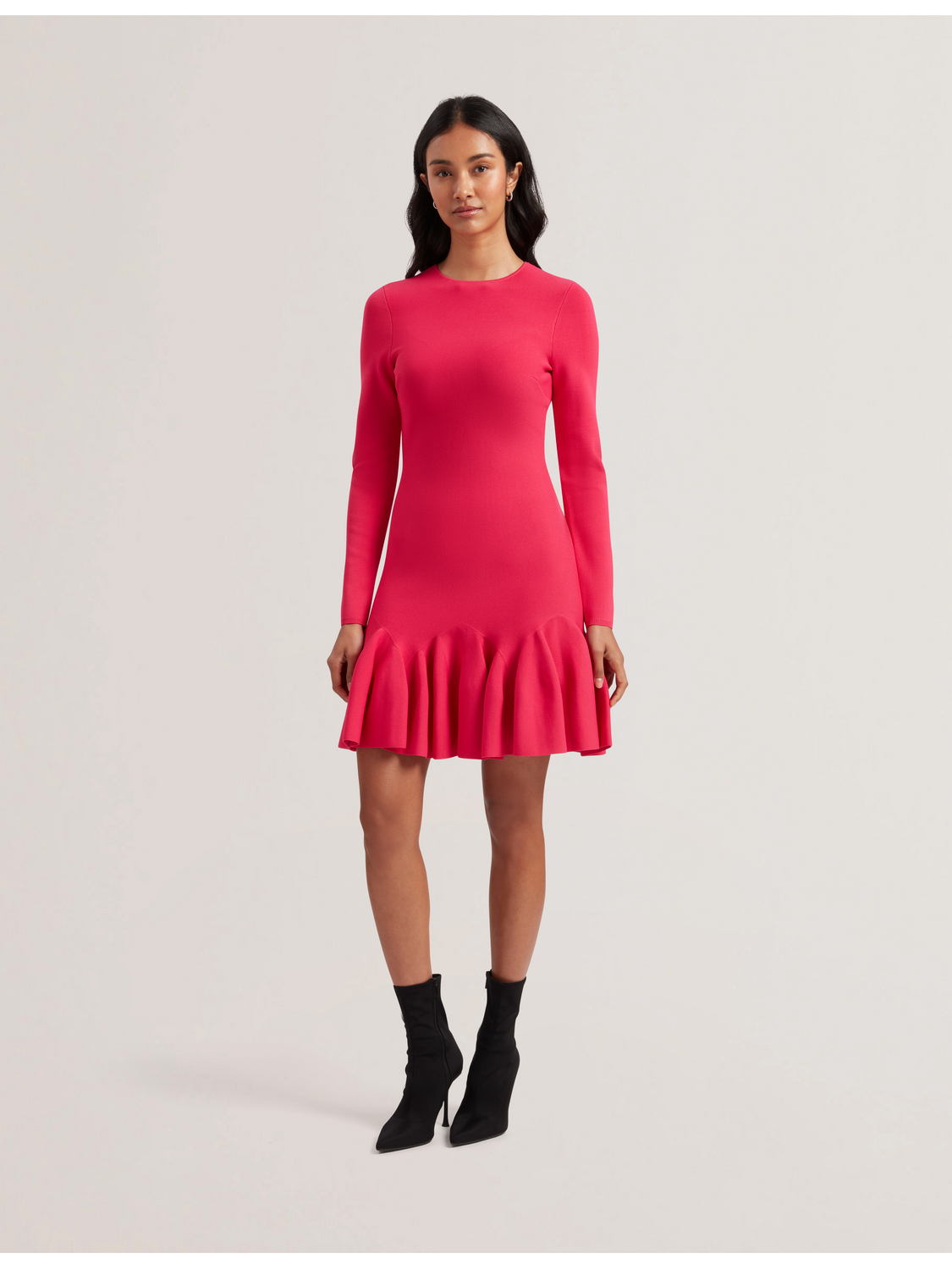 Flounce Hem Long Sleeve Knitted Mini Dress