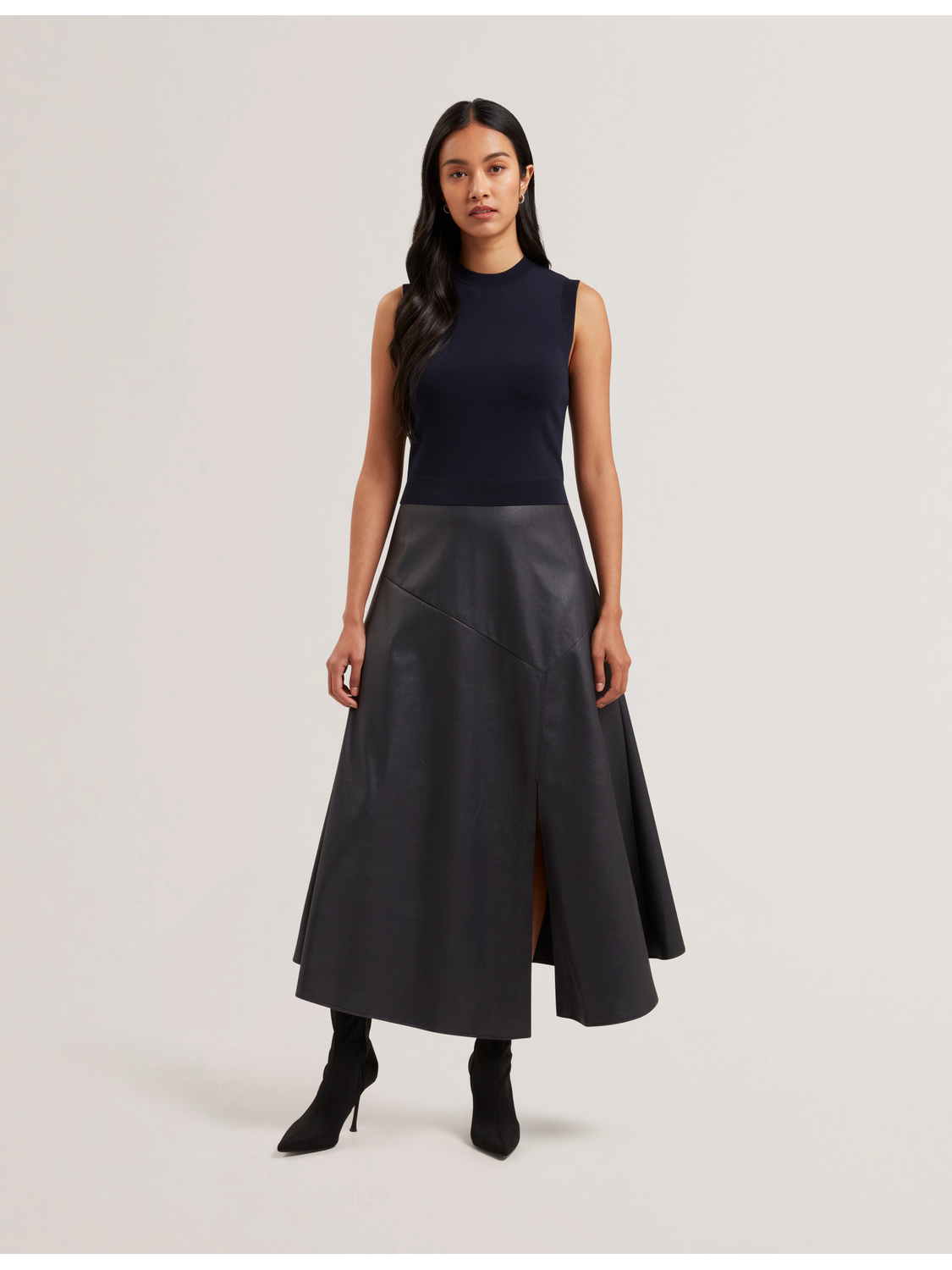 Sleeveless Knit Faux Leather Midi Dress