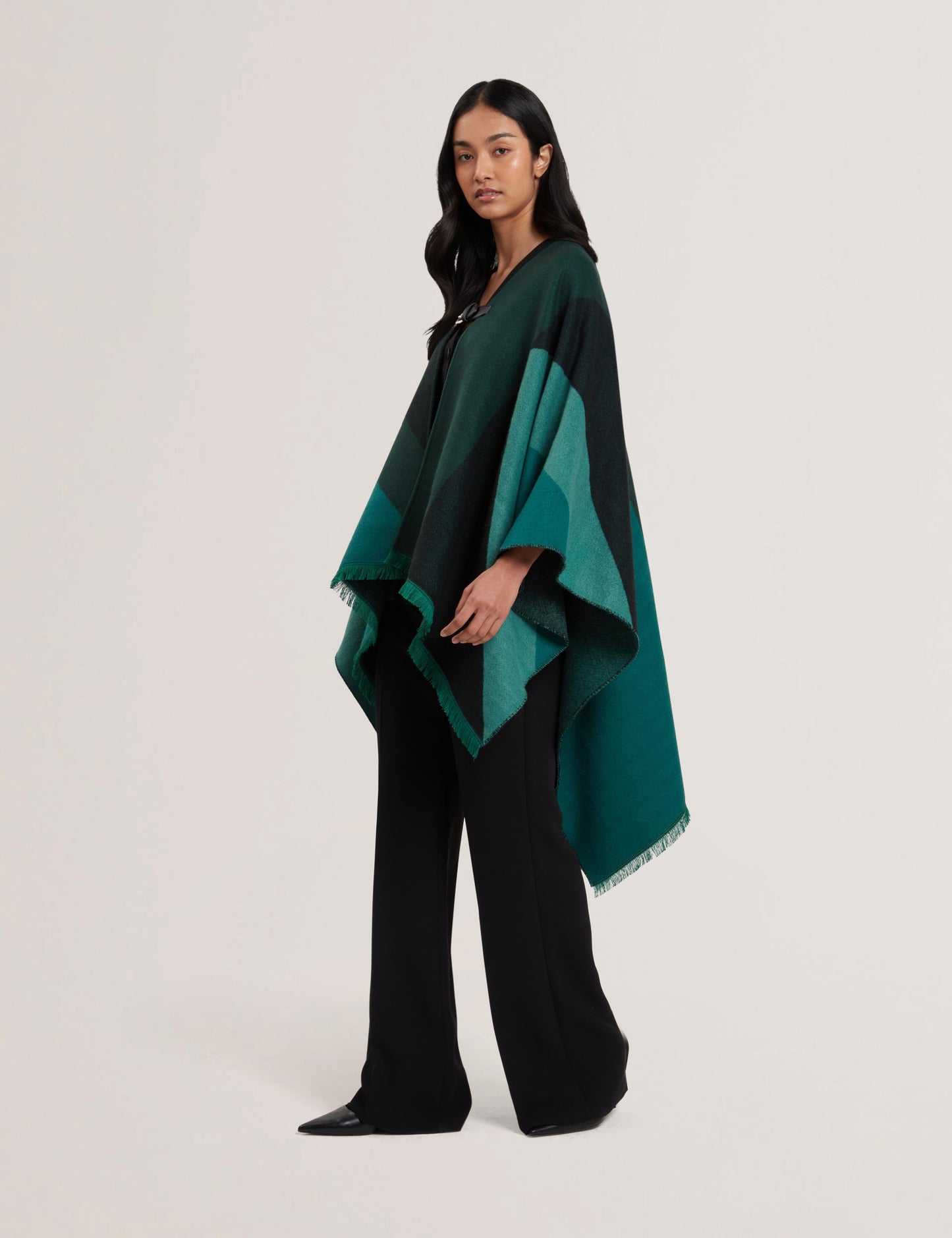 Colour Block Buckled Woven Poncho
