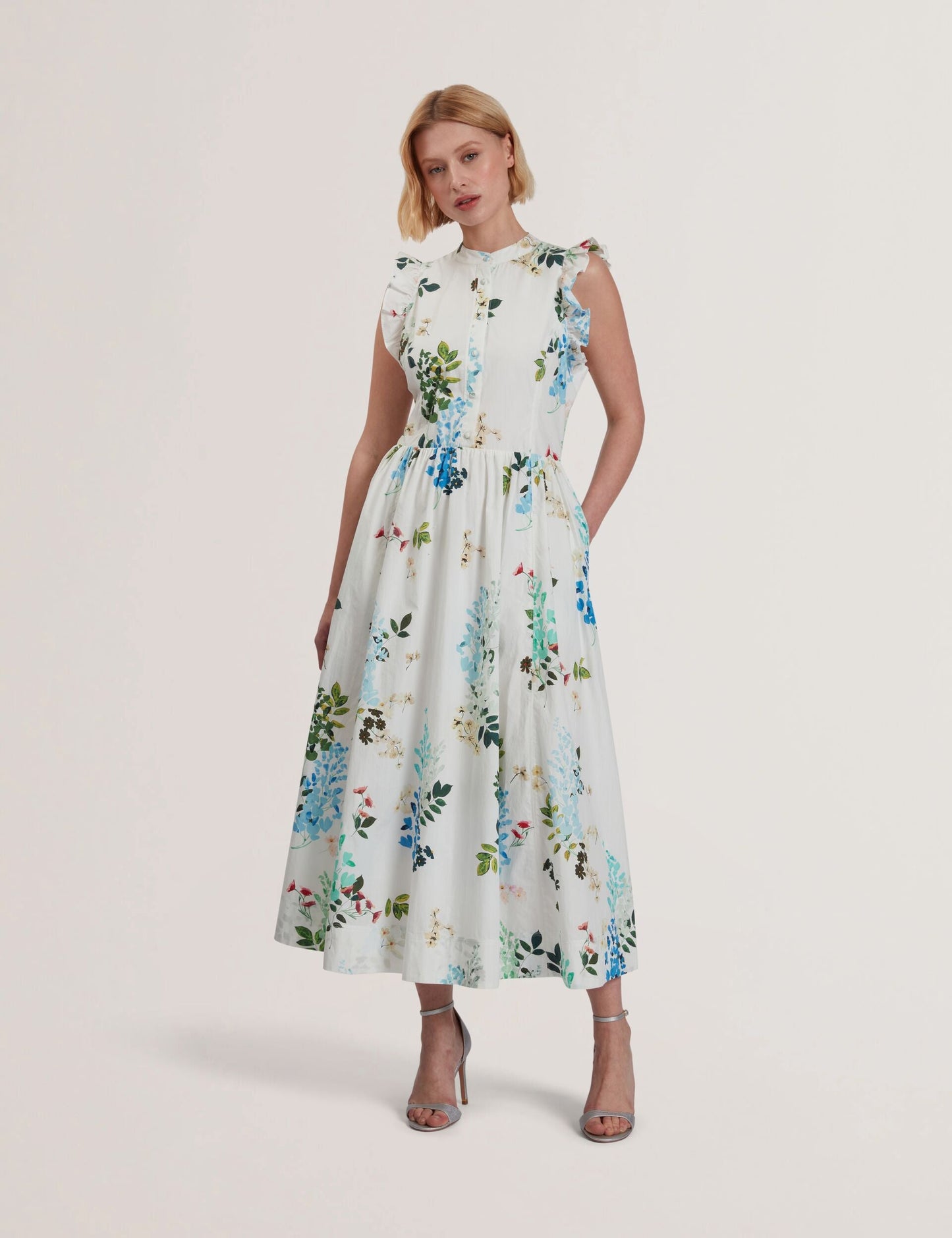 Sleeveless Floral Cotton A-Line Midi Dress