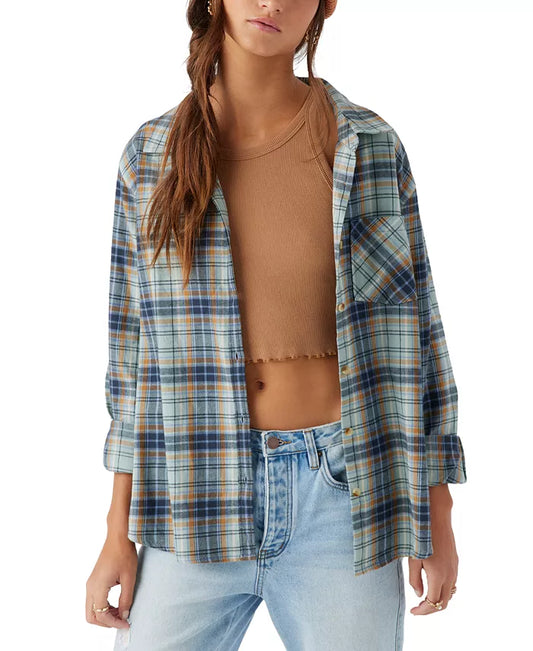 Juniors' Logan Plaid Cotton Flannel Button-Front Shirt