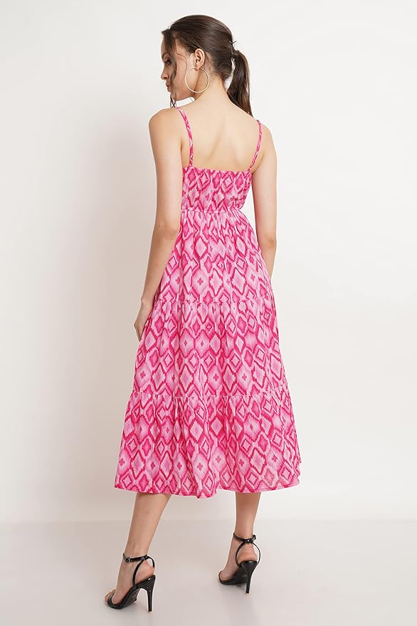 Cotton Printed Smocking Flared/A-Line Dress for Women