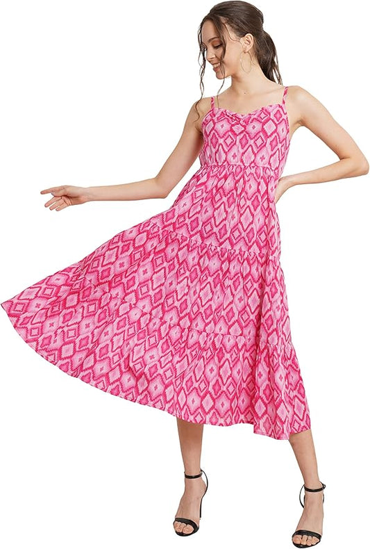 Cotton Printed Smocking Flared/A-Line Dress for Women