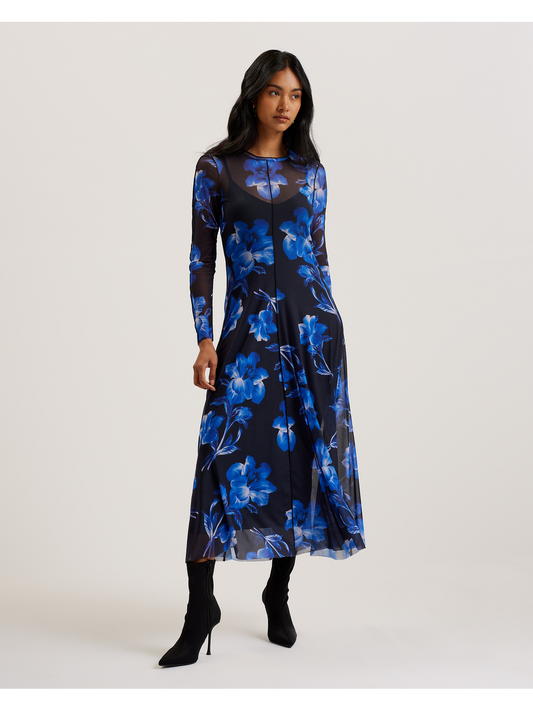 Mesh Long Sleeve Printed Dress