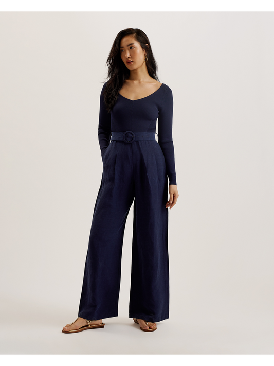 Off Shoulder Belted Wide Leg Jumpsuit
