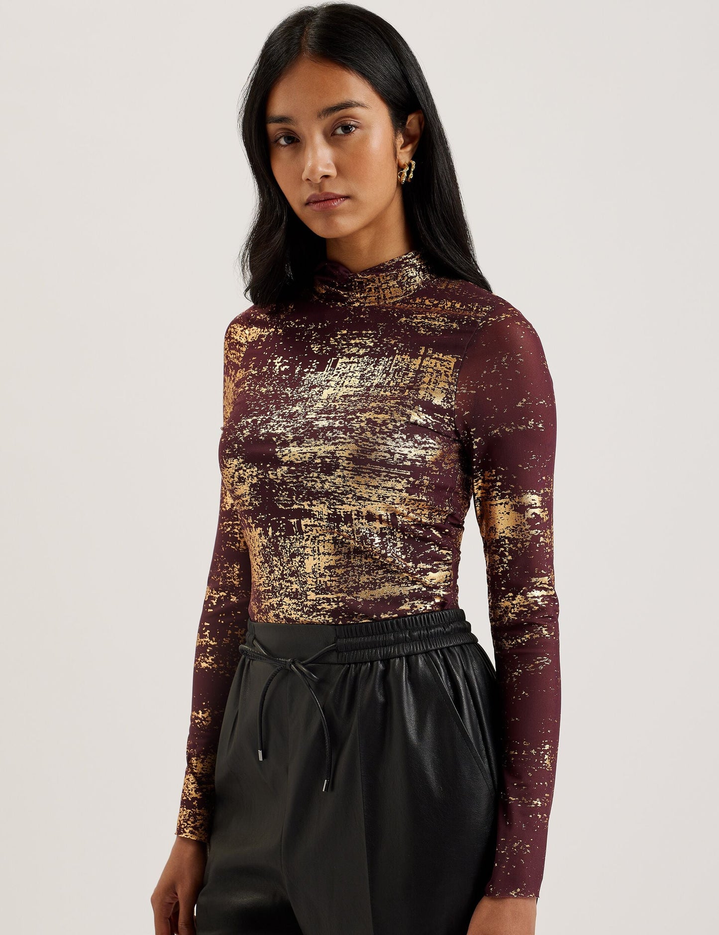 Foil Print High Neck Mesh Top