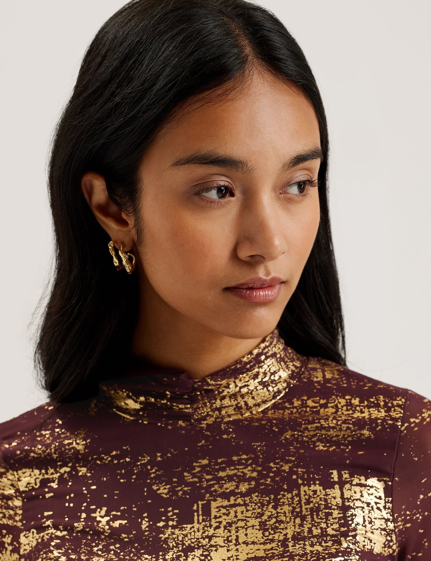 Foil Print High Neck Mesh Top