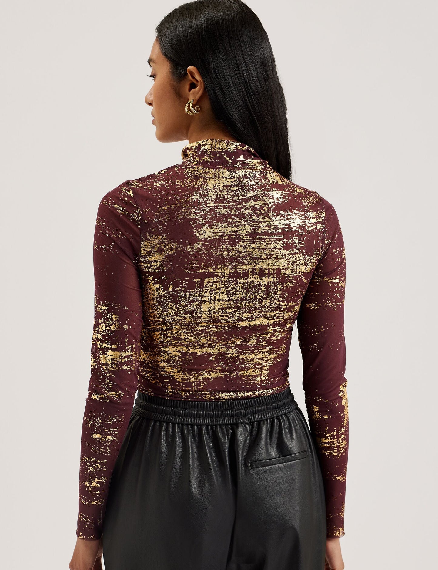 Foil Print High Neck Mesh Top