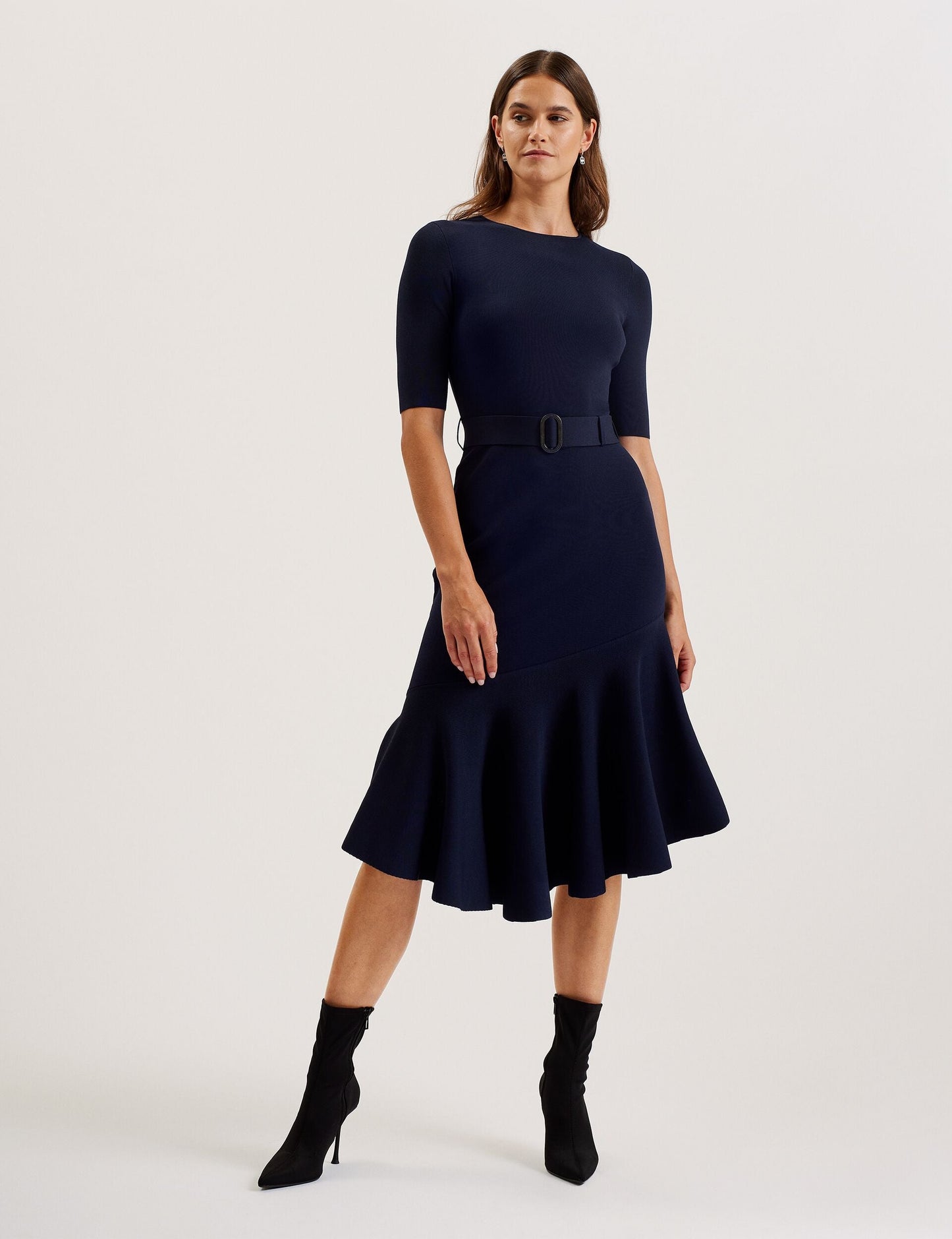 Flippy Hem Knitted Midi Dress With Belt
