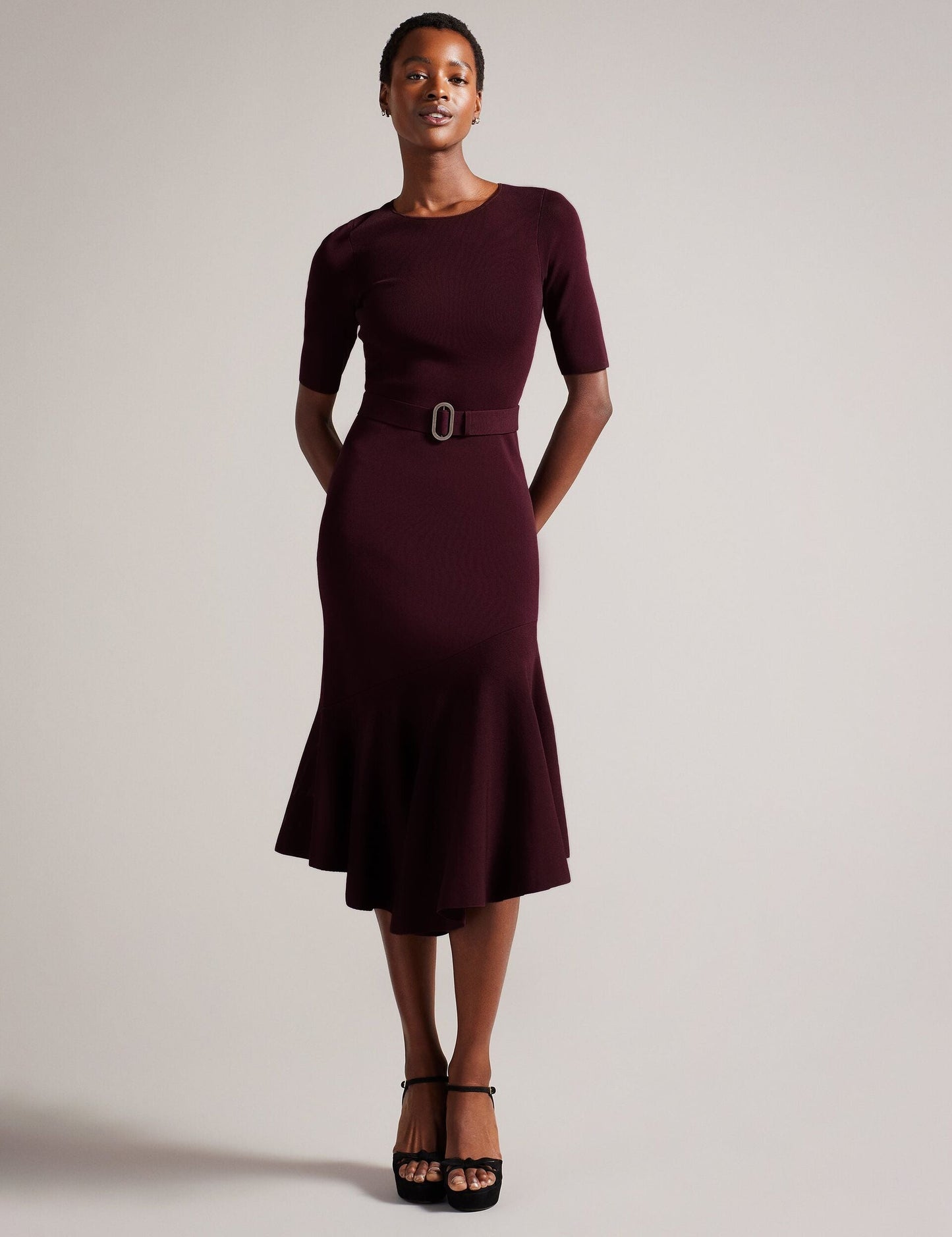 Flippy Hem Knitted Midi Dress With Belt