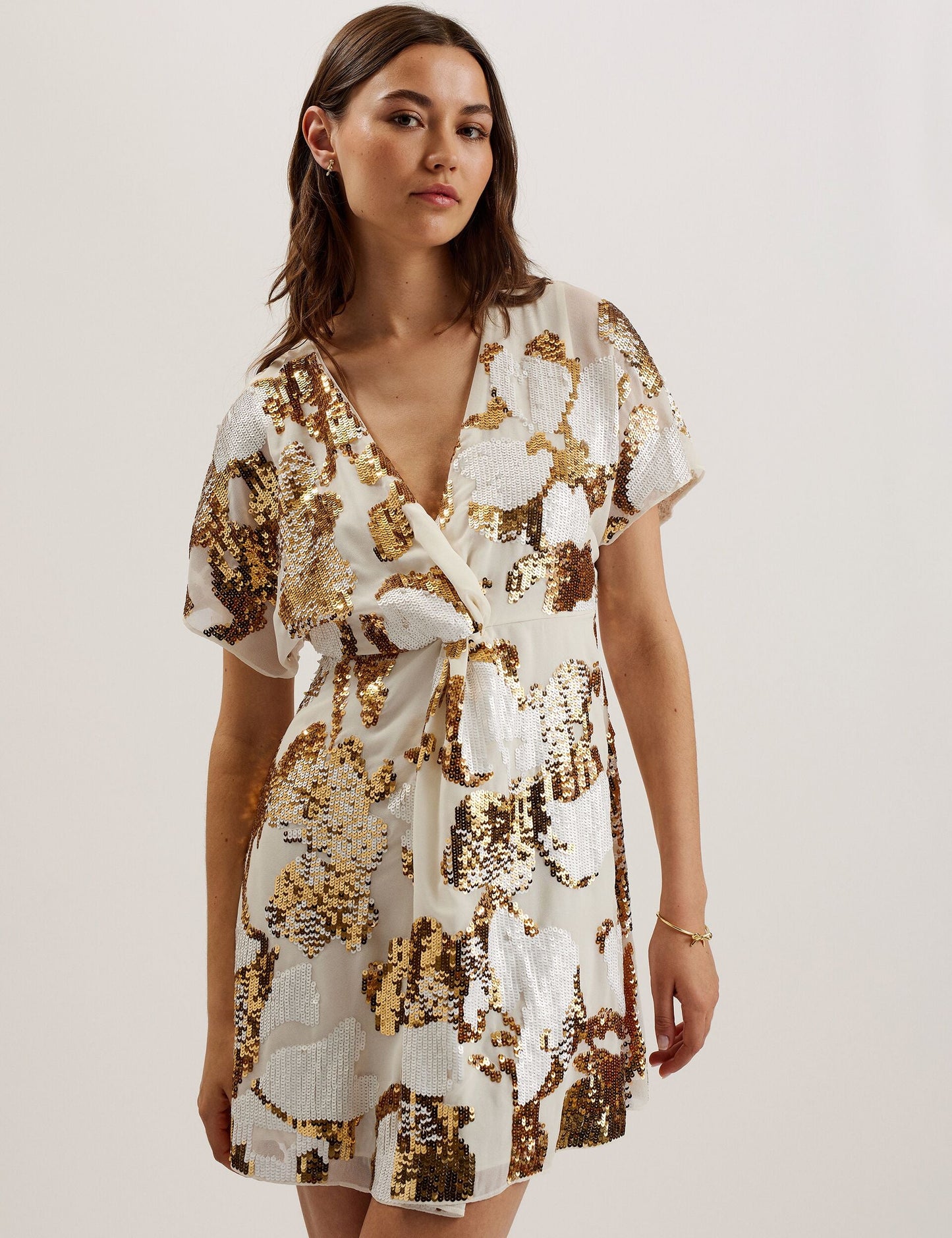 Knot Front V-Neck Sequin Mini Dress