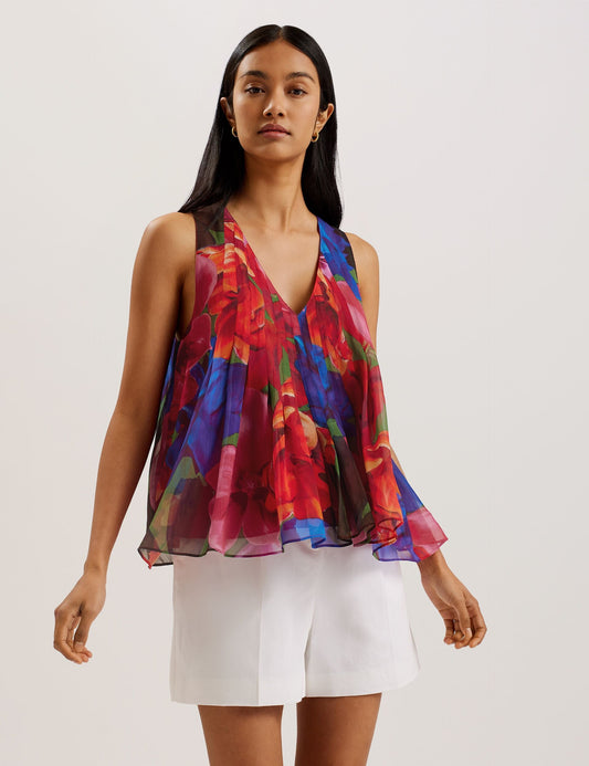 Organza Tropical Bloom V-neck Pleated Top