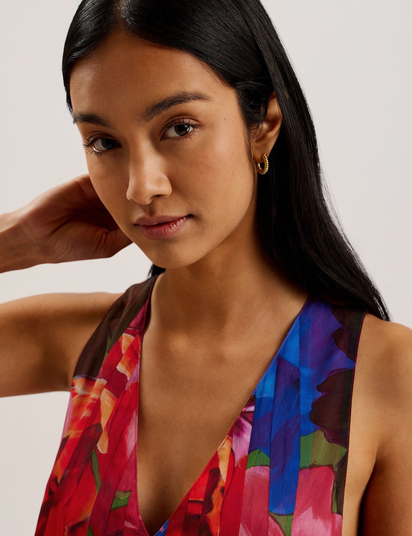 Organza Tropical Bloom V-neck Pleated Top