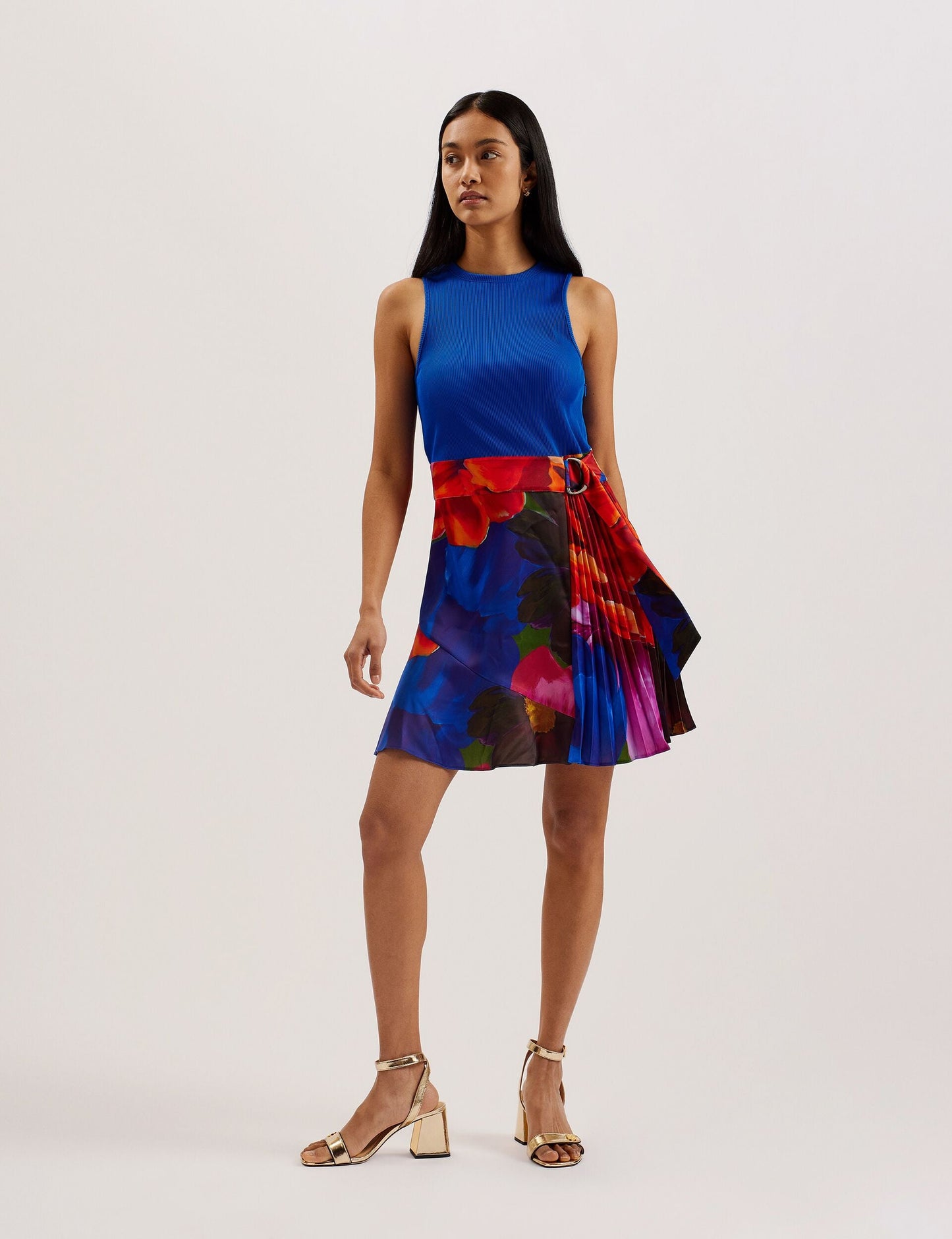Printed Pleated Mini Dress with Knit Bodice