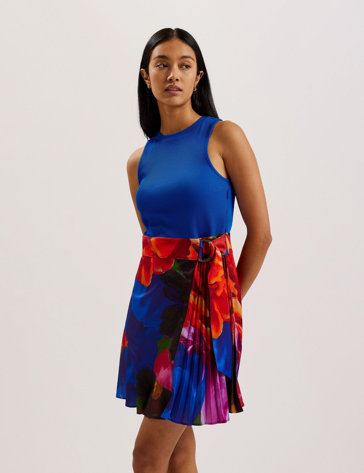 Printed Pleated Mini Dress with Knit Bodice