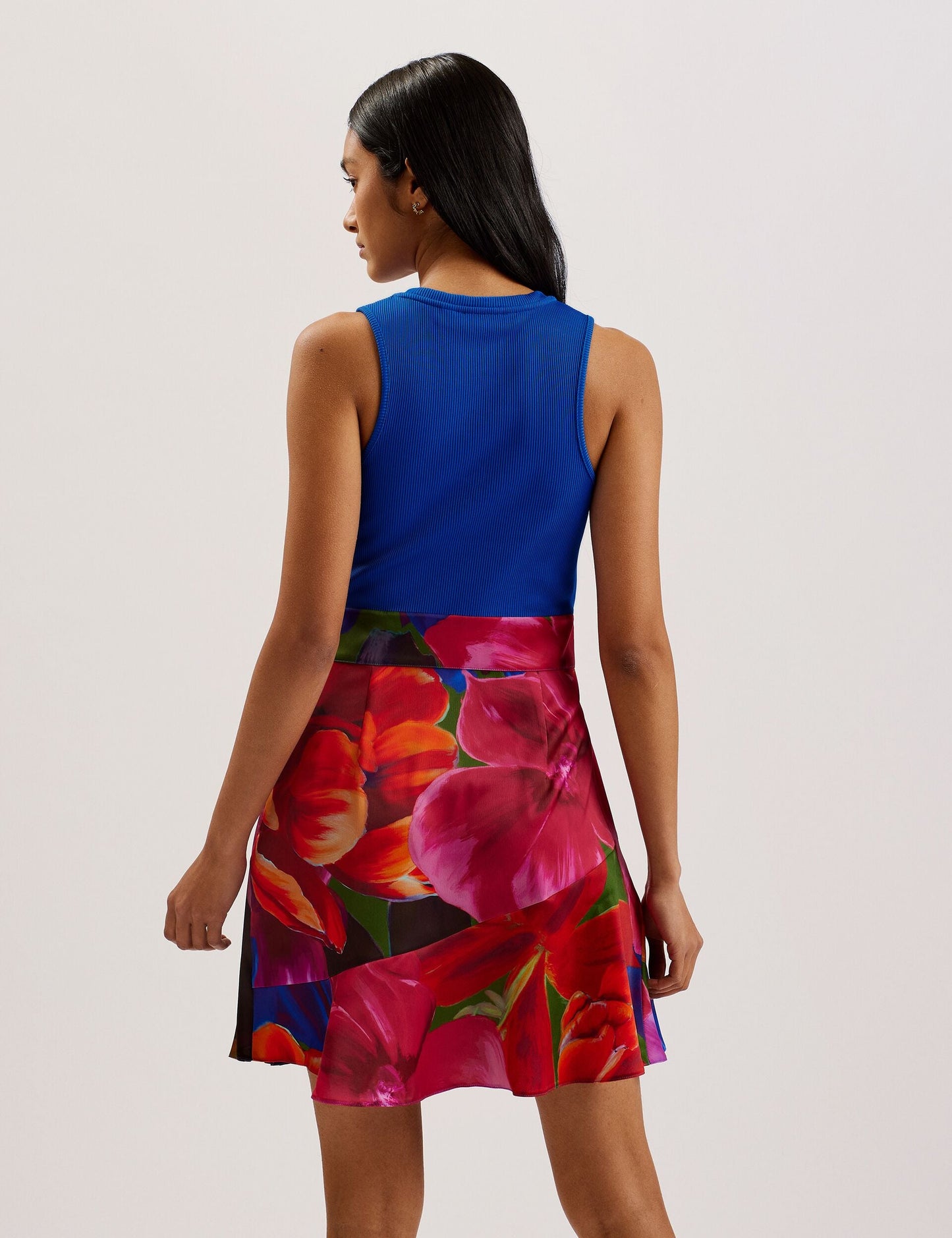 Printed Pleated Mini Dress with Knit Bodice