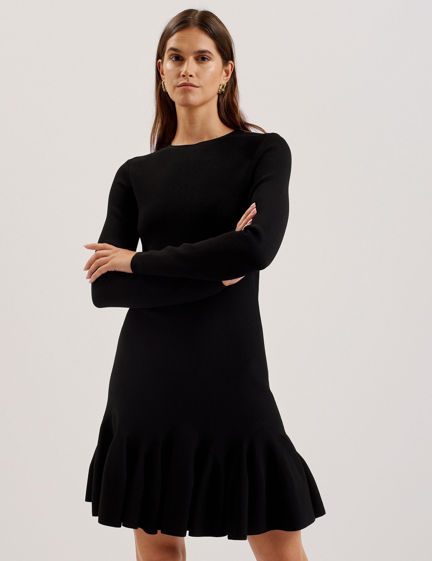 Flounce Hem Long Sleeve Knitted Mini Dress