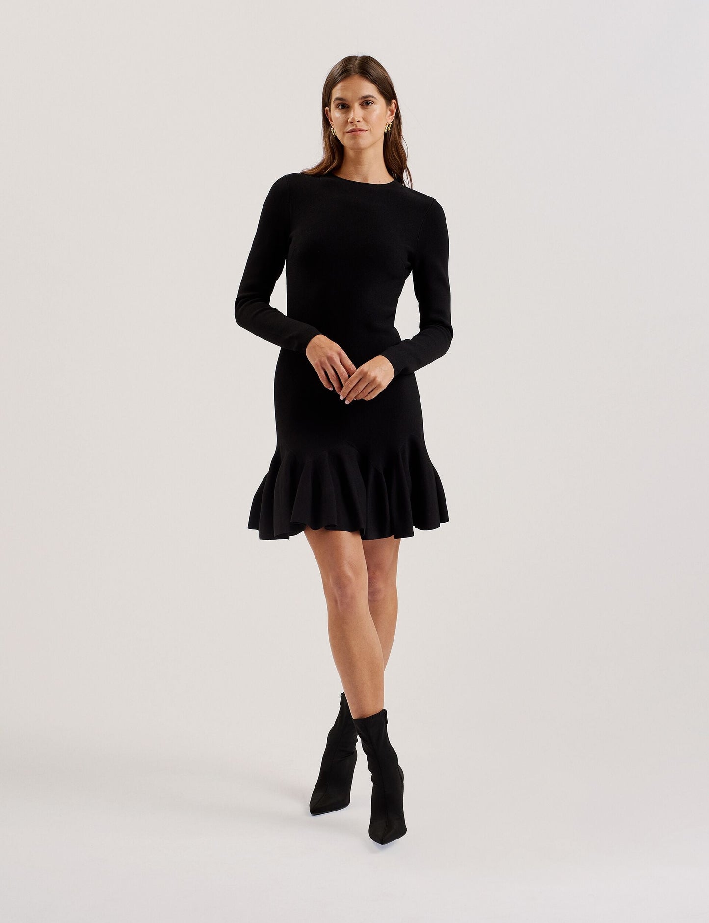 Flounce Hem Long Sleeve Knitted Mini Dress