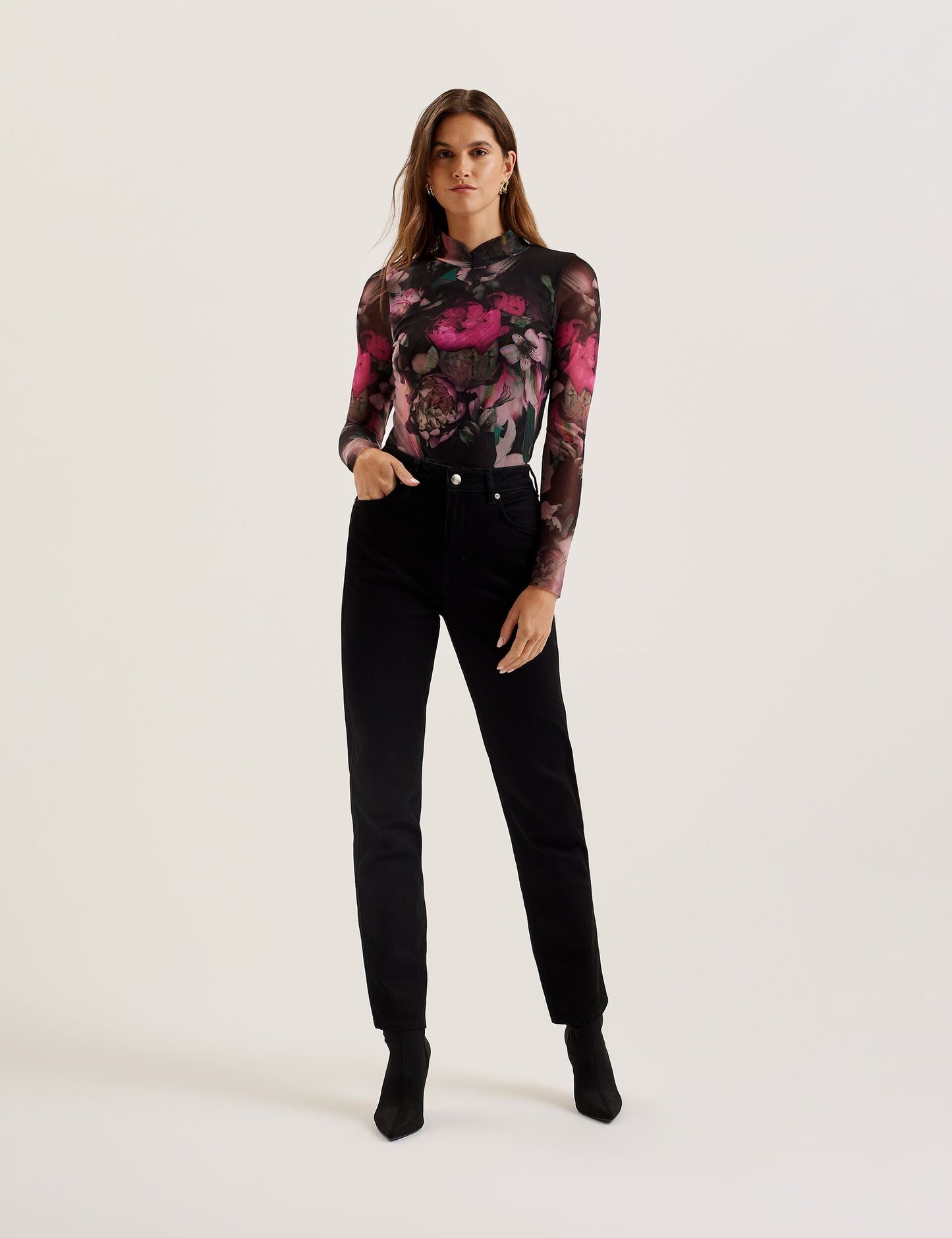 Printed High Neck Fitted Mesh Top