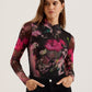 Printed High Neck Fitted Mesh Top