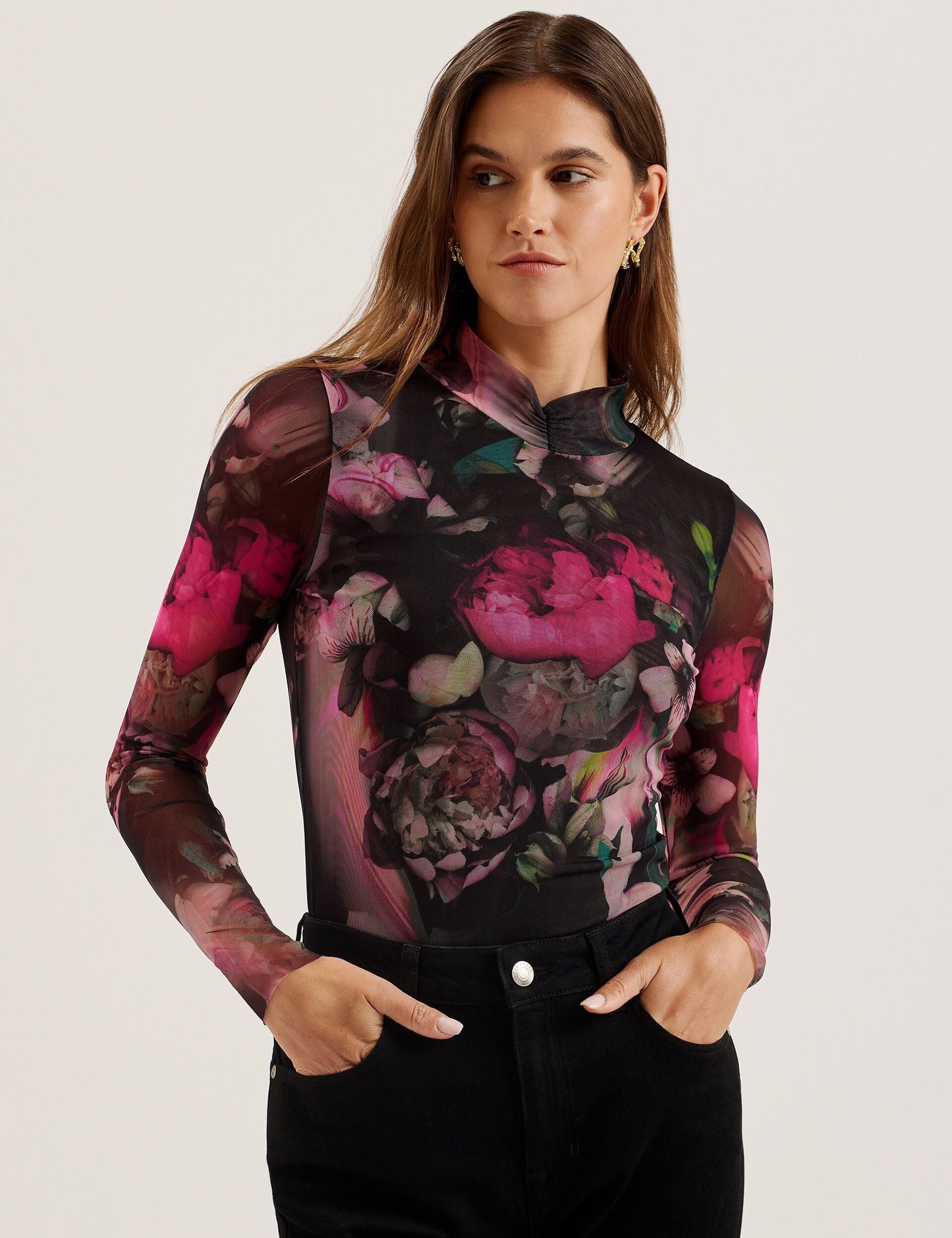 Printed High Neck Fitted Mesh Top