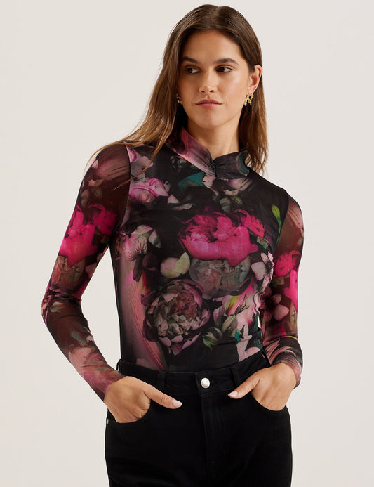 Printed High Neck Fitted Mesh Top