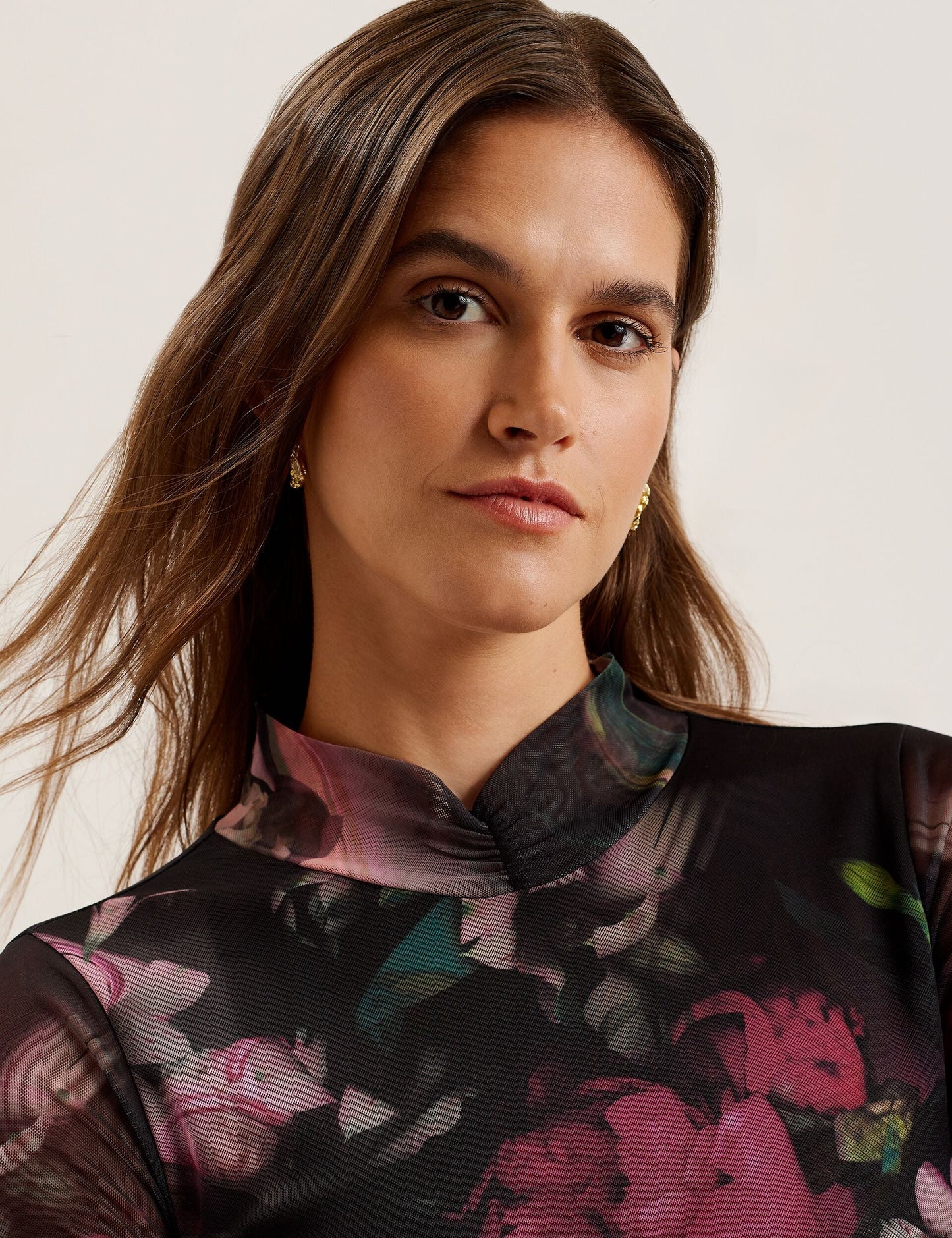 Printed High Neck Fitted Mesh Top