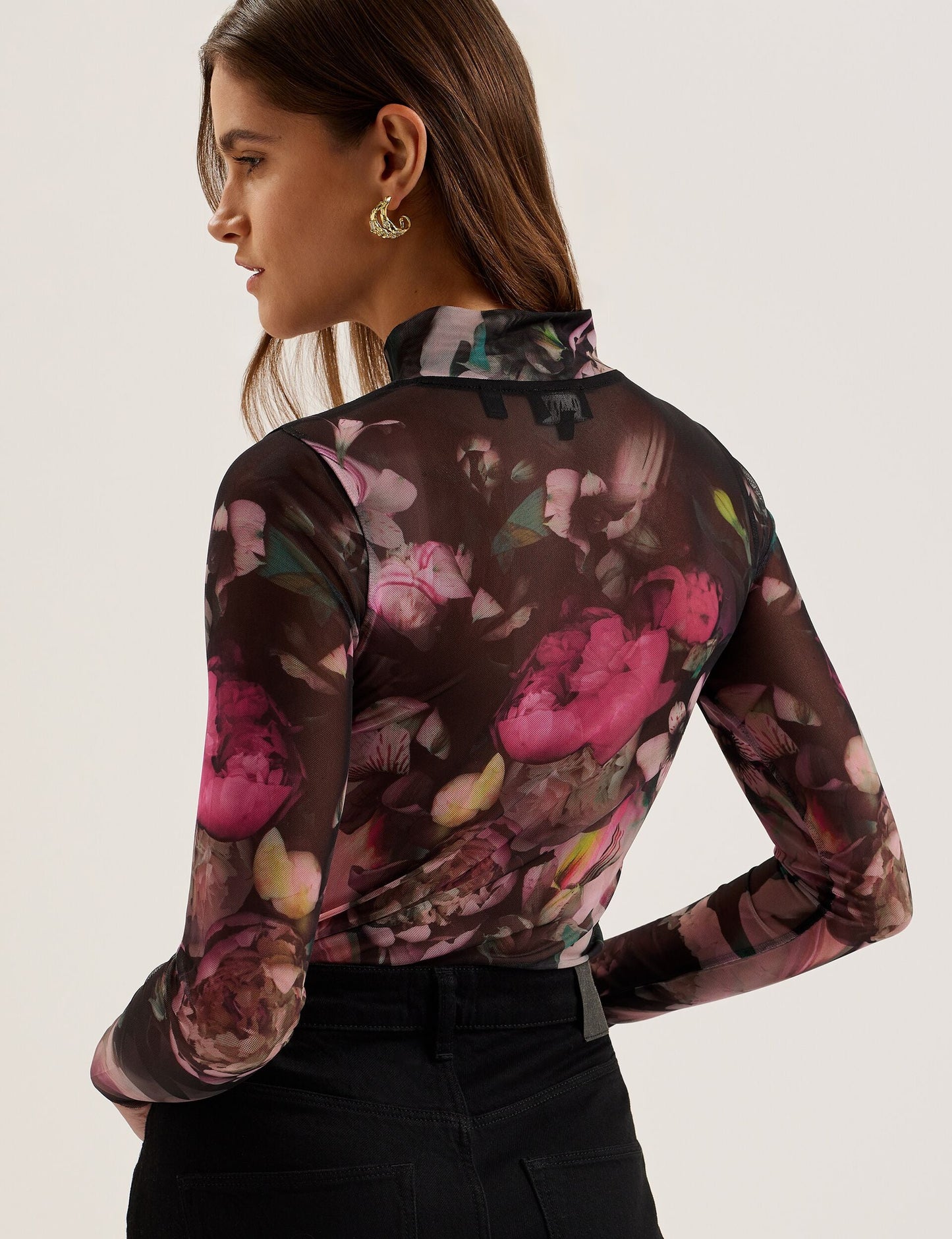 Printed High Neck Fitted Mesh Top
