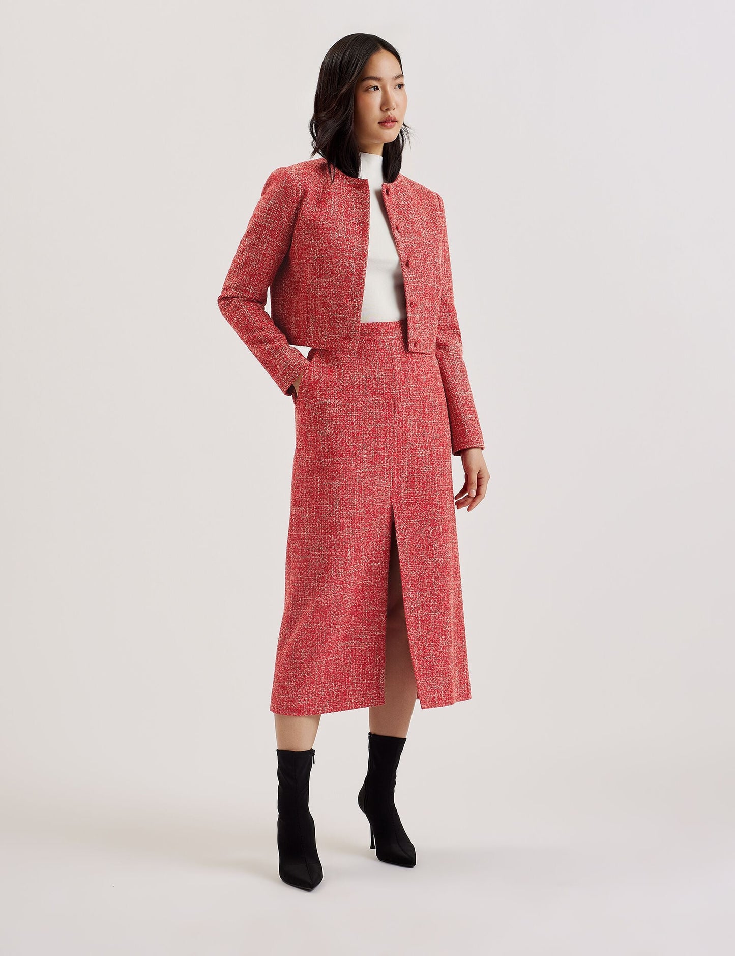 Tailored Boucle Midi Skirt With Front Slit