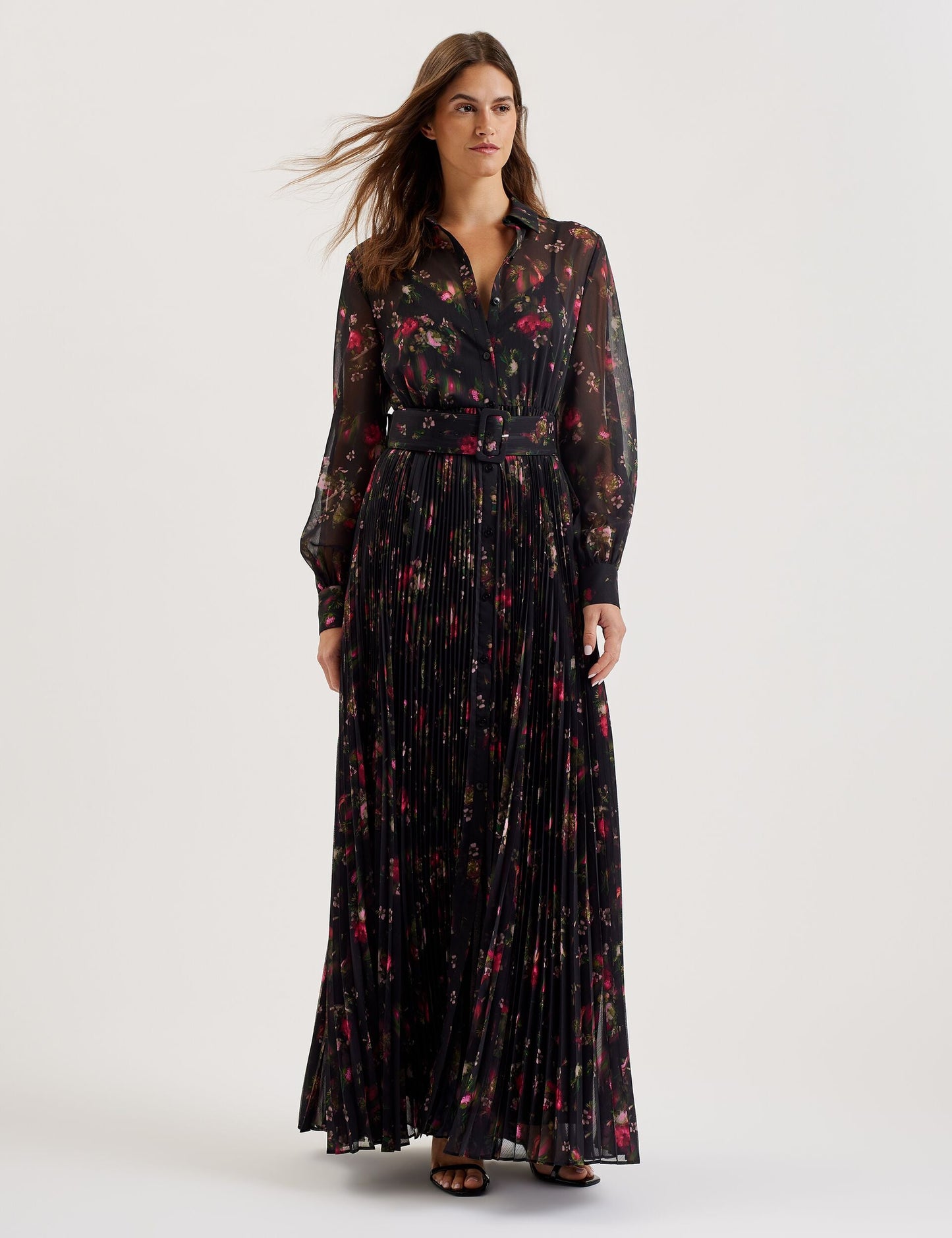 Floral Print Pleated Maxi Shirt Dress