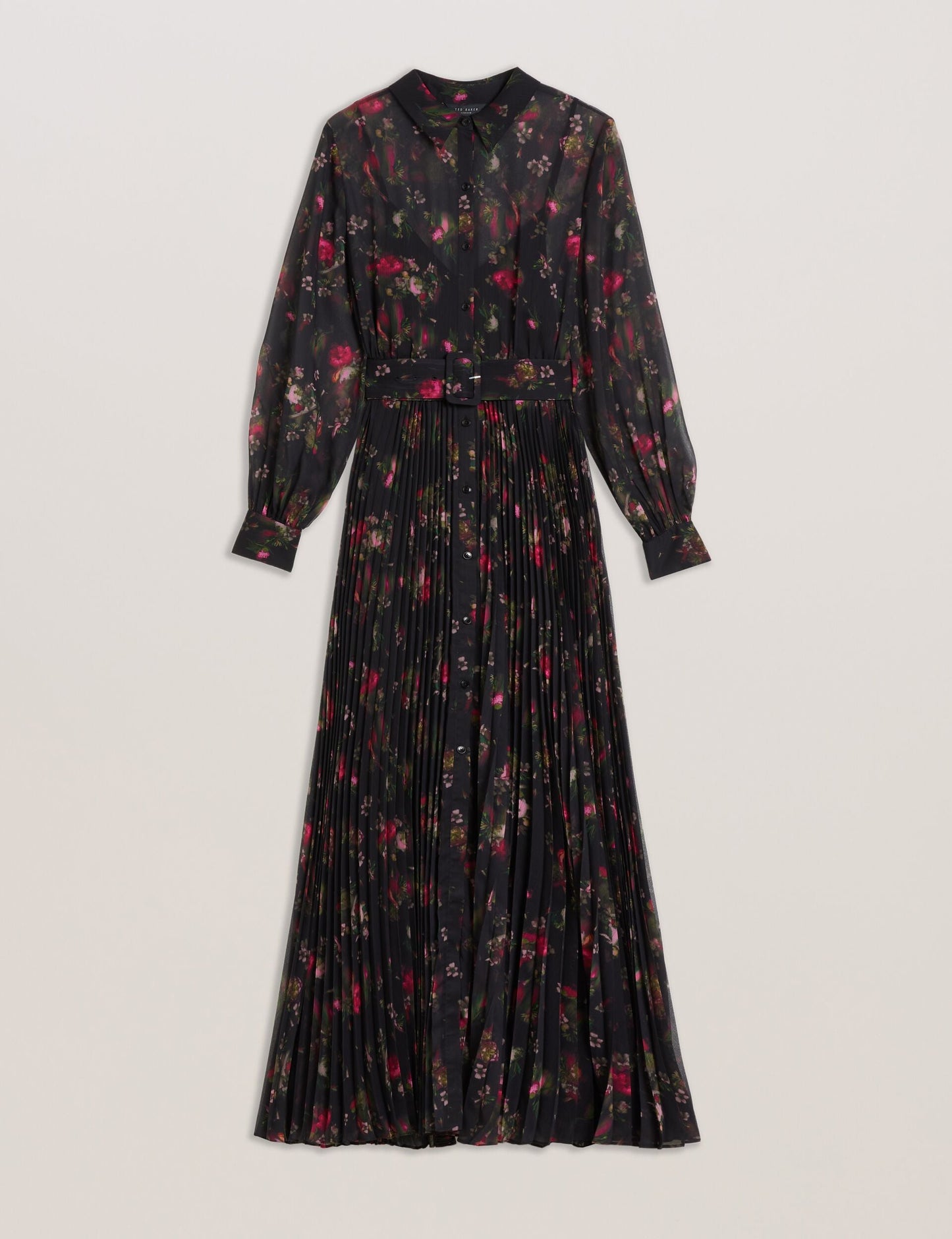 Floral Print Pleated Maxi Shirt Dress