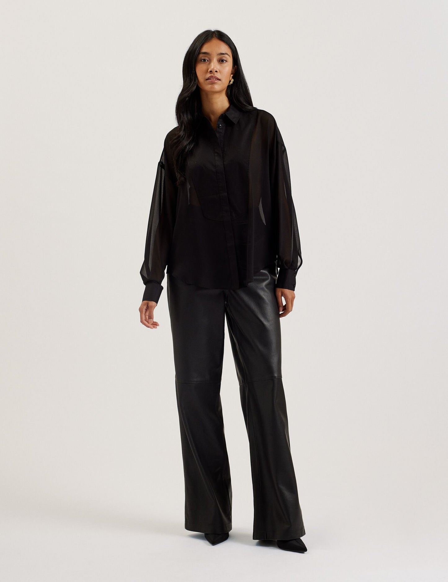 Bib Front Sheer Long Sleeve Blouse