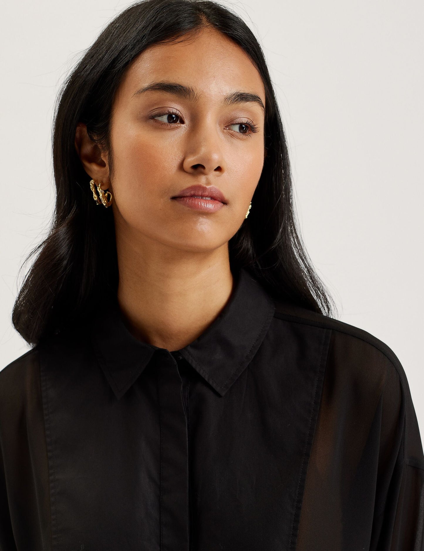Bib Front Sheer Long Sleeve Blouse