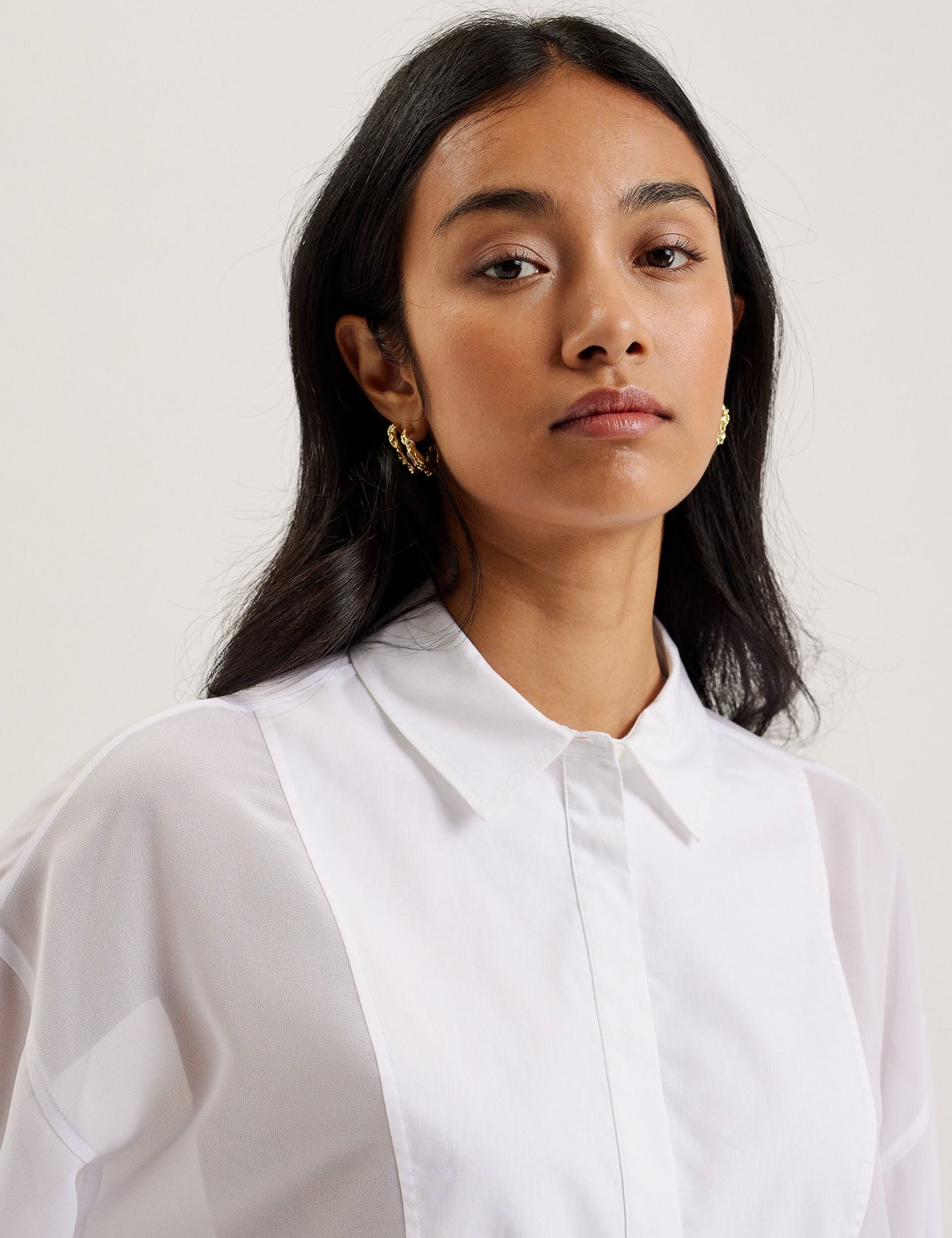 Bib Front Sheer Long Sleeve Blouse