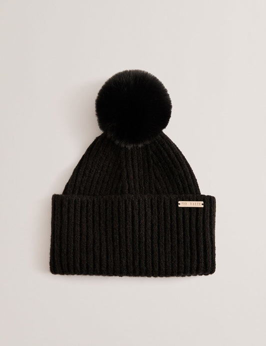 Ribbed Knit Fluffy Bobble Hat
