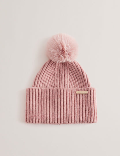 Ribbed Knit Fluffy Bobble Hat
