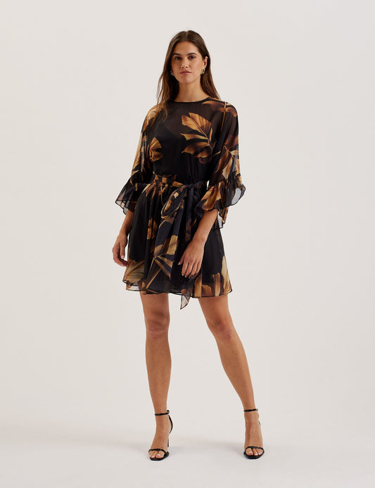 Printed Chiffon Mini Dress With Tie Waist