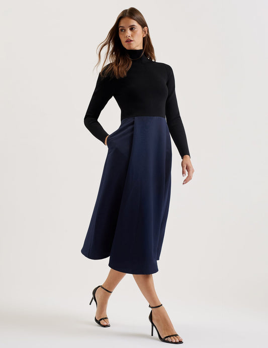 Knit Bodice Midi Dress With Wrap Skirt