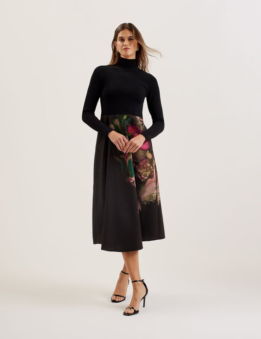 Knit Bodice Midi Dress With Printed Skirt