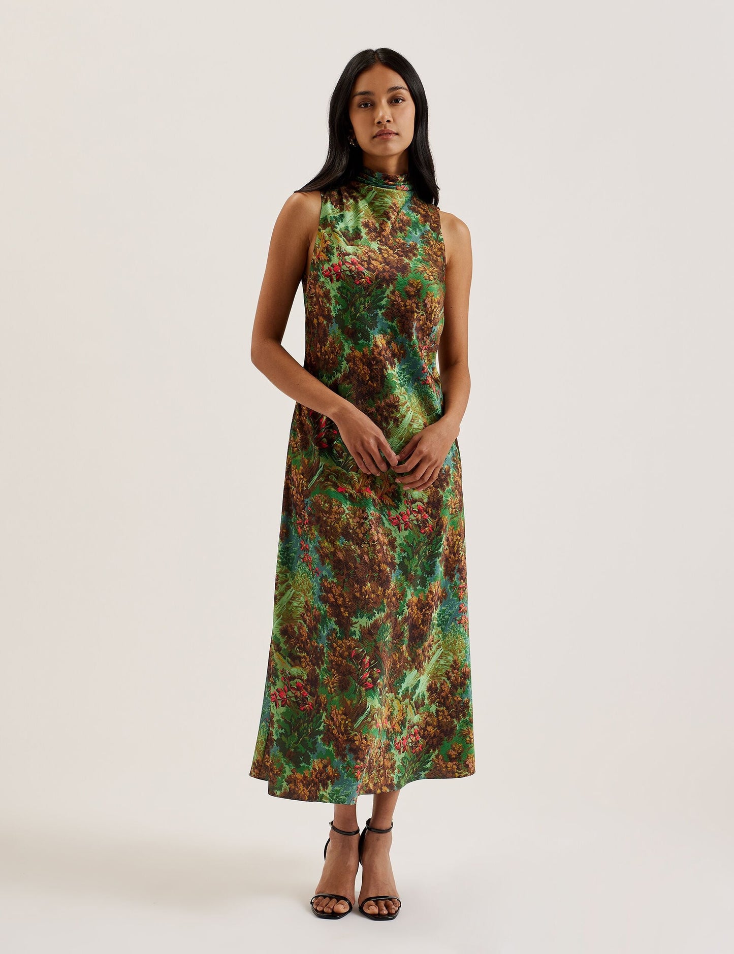 Printed High Neck Satin Midi Slip Dress