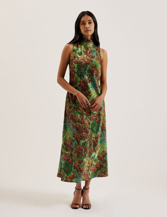 Printed High Neck Satin Midi Slip Dress